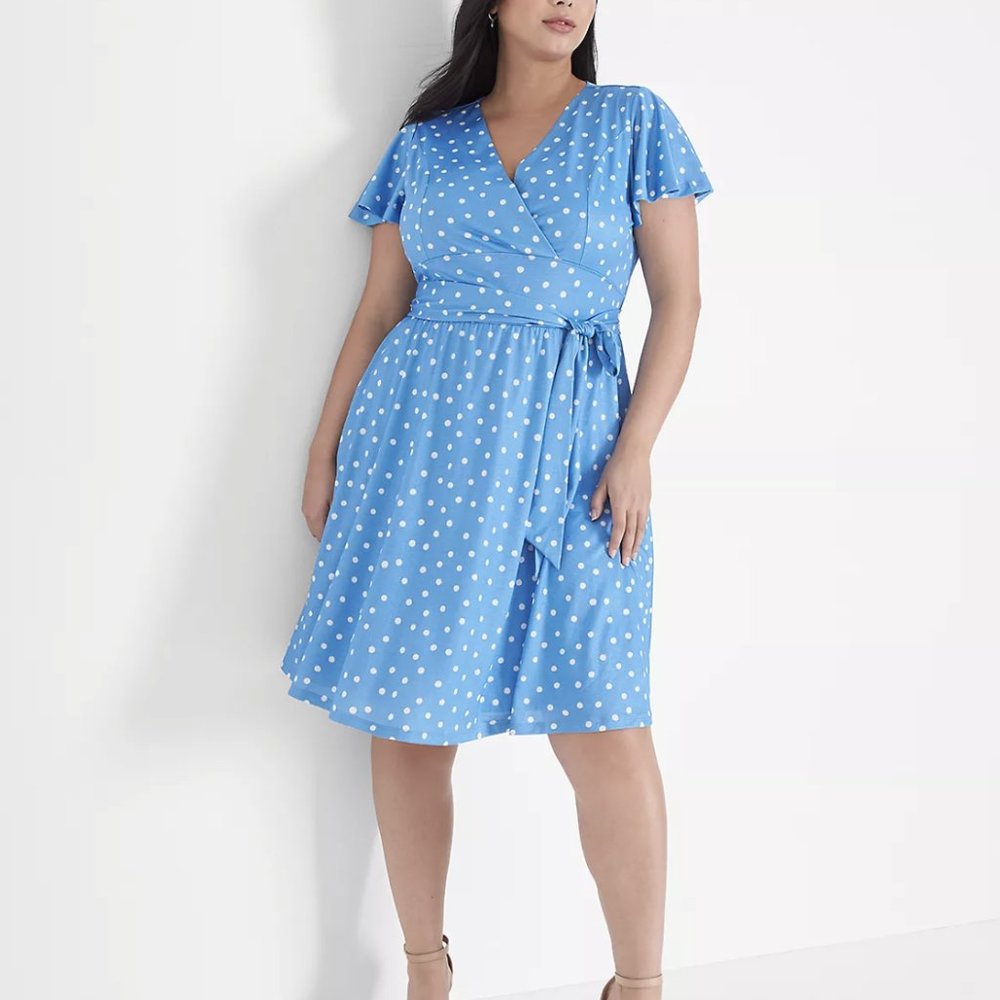 LANE BRYANT BLUE POLKA DOT SURPLICE NECK LENA FIT & FLARE DRESS